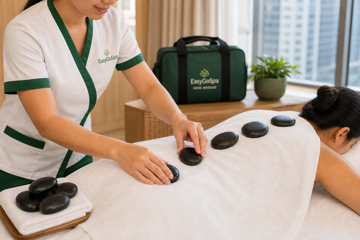Hot stone massage with warm basalt stones for professional home massage service in Metro Manila